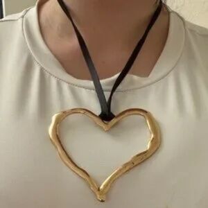 Elegant Large Gold Heart Necklace with Black Cord